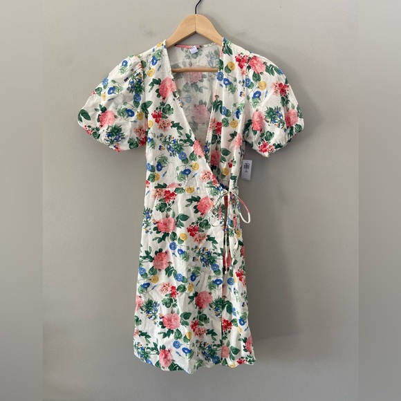 NWT Puff Sleeve Linen/Cotton Floral Cottegcore Mini Wrap Dress - Picture 3 of 5